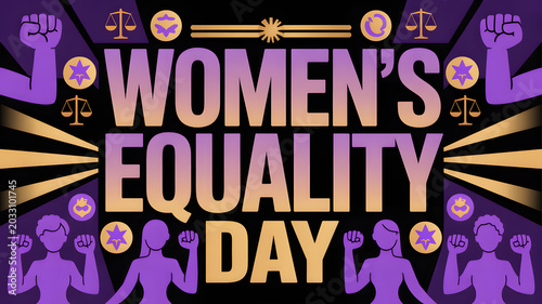 Womens Equality Day celebration with purple and gold graphics and fists  equality for all transparent background