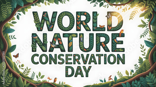 World Nature Conservation Day illustration with leaves and animals transparent background
