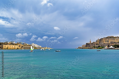Marsamxett Harbour with Valletta Fortifications and Sliema Skyline in Malta