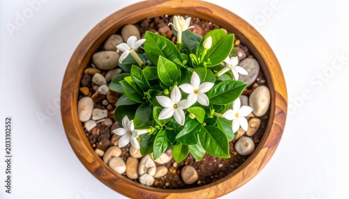 Elegant white blossoms on a vibrant green plant nestled in a wooden pot with decorative pebbles, a serene indoor botanical display