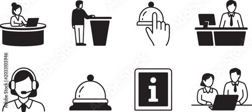 Photos Reception, hotel service icon collection with desk, check-in, and guest assistance line icons suitable for travel apps, hotel branding, and customer support systems