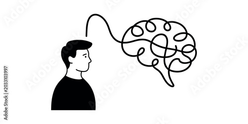 Man with confused thought process illustrated brain tangled in white background