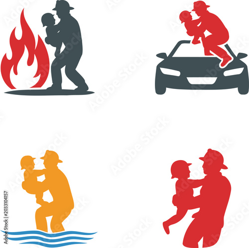 Photos Firefighter rescuing people from fire car and water emergency situations  heroic