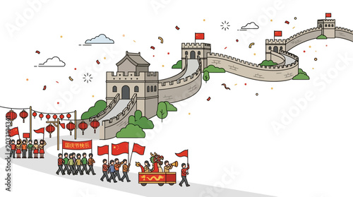 Vászonkép A festive parade with people celebrating in front of the Great Wall of China