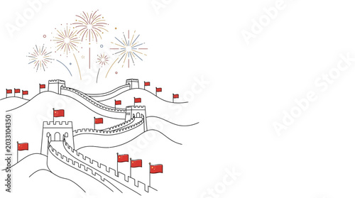 Obraz na płótnie Hand drawn illustration of the Great Wall of China with festive fireworks