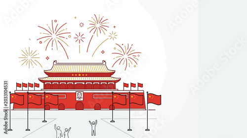 Fotografie Illustration of the Tiananmen Gate in Beijing with festive fireworks and Chinese flags