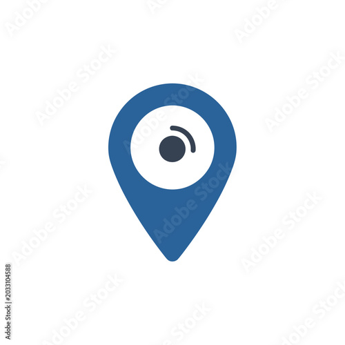 Blue location pin icon featuring a vinyl record symbol