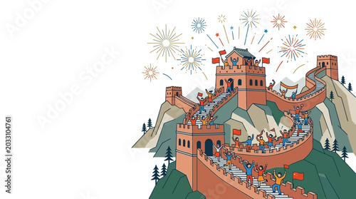 Photography Illustration of the Great Wall of China with crowds celebrating under fireworks