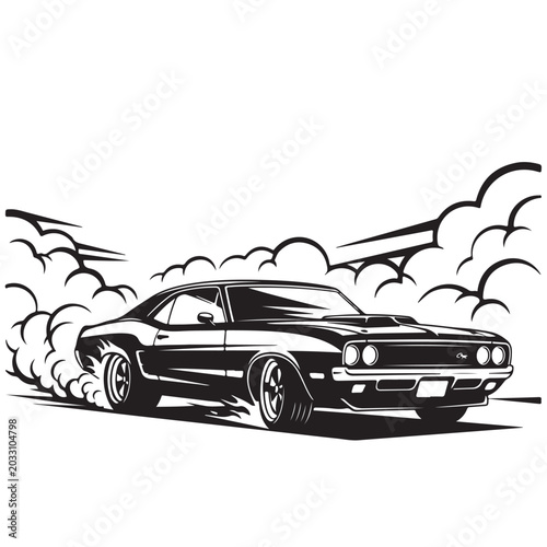 Tableau sur toile Classic muscle car vector illustration with tire smoke and burnout for automotiv