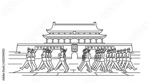 Tableau sur toile A group of soldiers marching in a disciplined formation.