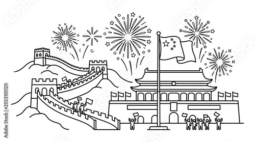 Foto Line art illustration featuring the Great Wall of China and Tiananmen Gate with fireworks