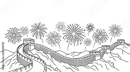 Foto Line art illustration of the Great Wall of China with celebratory fireworks