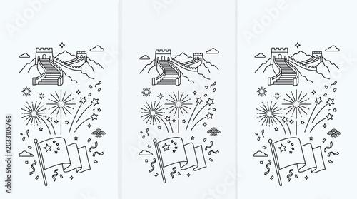Bild auf Leinwand Three identical line art illustrations featuring the Great Wall of China and the Chinese national flag with fireworks