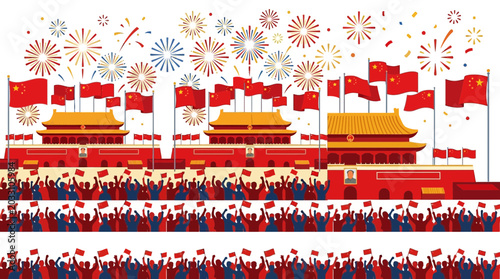 Vászonkép Crowd of people celebrating in front of traditional Chinese architecture with flags