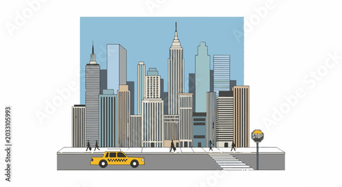 Stylized cityscape with tall buildings, a yellow taxi, and pedestrians