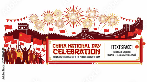 Slika na platnu A festive illustration celebrating China National Day with a crowd and the Great Wall