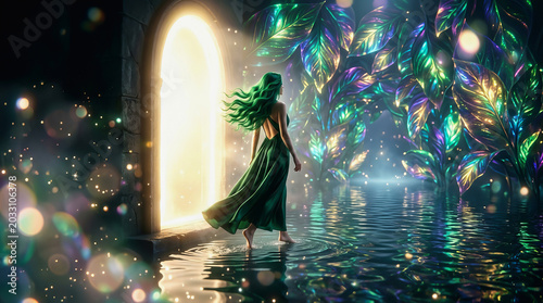 Green haired woman in flowing dress stands in water facing glowing arched doorway surrounded by iridescent glowing leaves and magical sparkles in fantasy scene