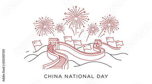 Billede på lærred Hand drawn illustration of the Great Wall of China with fireworks for National Day celebration