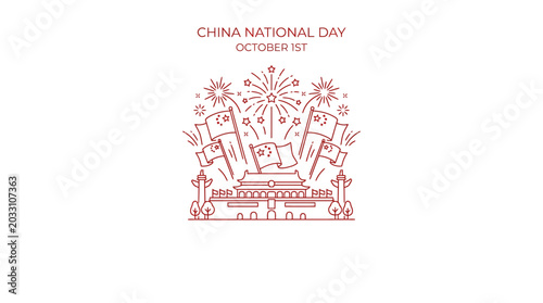 Foto Line art illustration celebrating China National Day with fireworks and flags