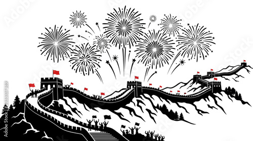 Foto The Great Wall of China illustrated with celebratory fireworks and people
