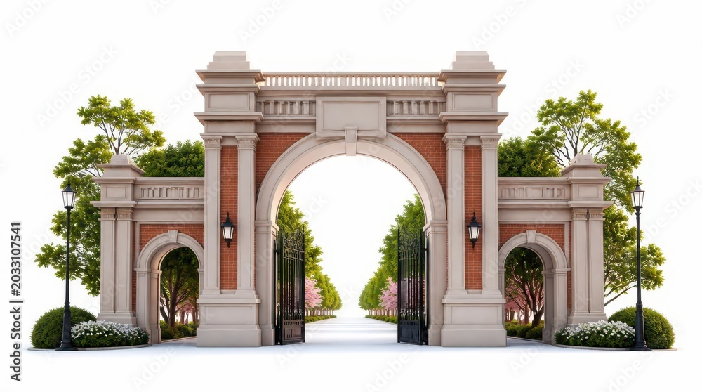 Fototapeta premium Clean digital illustration of a grand university archway, showcasing classic brick architecture, elegant iron gates, and lush greenery in a widescreen composition perfect for academic headers.