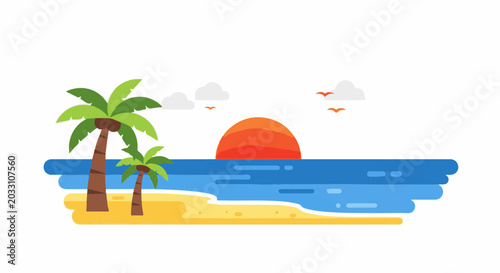 Stylized tropical beach scene with palm trees, ocean, and sunset