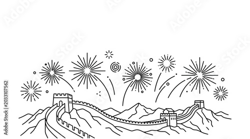 Line art illustration of the Great Wall of China with festive fireworks display.