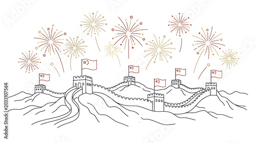 Tableau sur toile A hand drawn sketch of the Great Wall of China with fireworks.