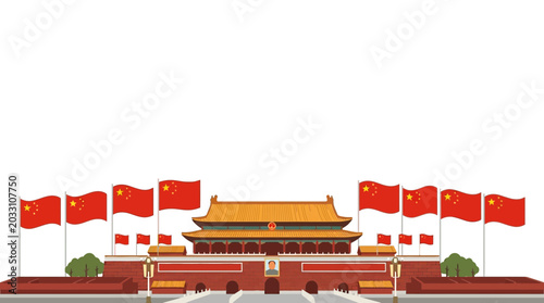 Konstfotografi Illustration of the Tiananmen Gate in Beijing with Chinese flags.