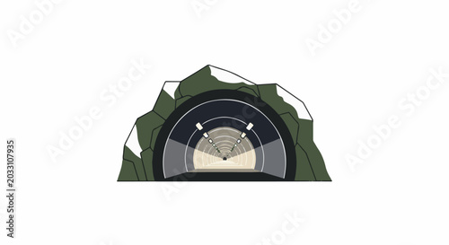 Stylized tunnel entrance disappearing into light, framed by rock