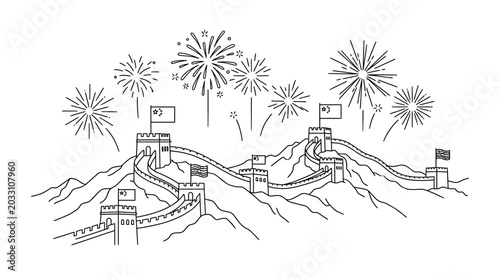 Obraz na płótnie Line art illustration of the Great Wall of China with celebratory fireworks
