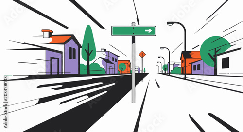 Stylized street scene with colorful houses, trees, and streetlights