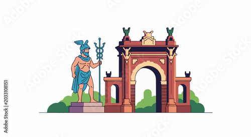 Stylized statue of a winged deity with caduceus stands before an arched gateway