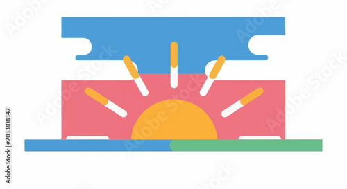 Stylized sun setting or rising behind abstract landscape elements