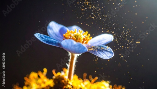 Vibrant blue flower elegantly adorned with shimmering golden pollen, a close-up marvel of natural beauty