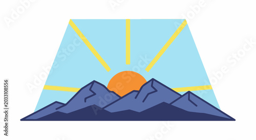 Stylized sunrise behind jagged mountain peaks under a clear blue sky