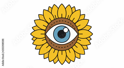 Stylized sunflower with a prominent blue eye in the center