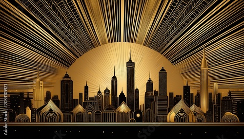 a stylized representation of a cityscape features an array of skyscrapers with art deco designs under a radiating background pattern prominent gold and black hues give the image a luxurious ai genera