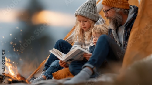 Two children are closely seated with an adult, absorbed in a storybook while camping by a warm fire, beautifully illustrating the magic of storytelling in nature.