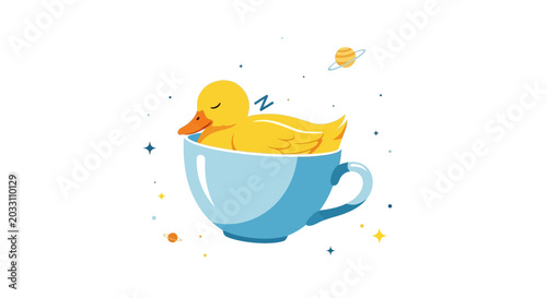 Quadro su tela Rubber duck in blue teacup bath.