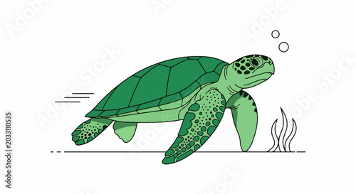 Stylized green sea turtle swims in a simplified underwater environment with bubbles