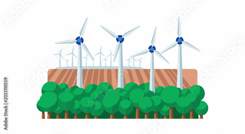 Stylized green trees in foreground with wind turbines in background