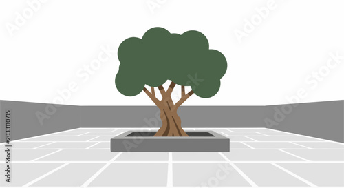 Stylized green tree in a square planter on a tiled patio with gray walls