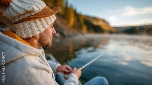 A peaceful scene showing a young man fishing on a calm lake, surrounded by beautiful nature, capturing the essence of tranquility and relaxation in an outdoor adventure.