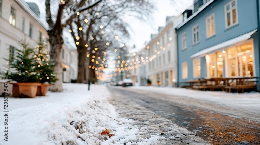 Fototapeta premium A picturesque winter street, lined with trees and twinkling lights, transforms into a magical scene, perfect for celebrating the holiday spirit and creating enchanting memories.