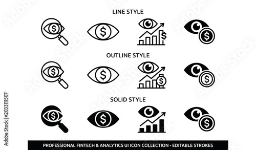 Konstfotografi Eye viewer with dollar money symbol icon set in line outline and solid finance v