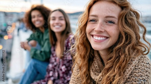 A group of three diverse friends enjoy a beautiful sunset by the sea, showcasing their happiness and vibrant personalities. Their smiles radiate positive energy and connection.