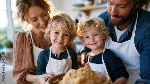 A joyful family moment of parents and their two children baking together in the kitchen, representing love, teamwork, and the warmth of family traditions around food.