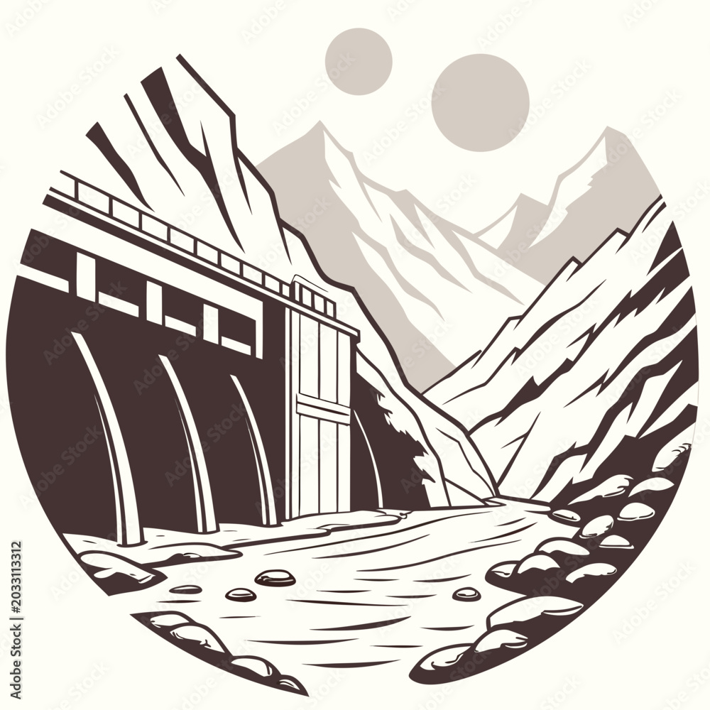 Obraz premium Vector illustration of a dam structure with mountainous terrain and two circular suns overhead hydroelectric water