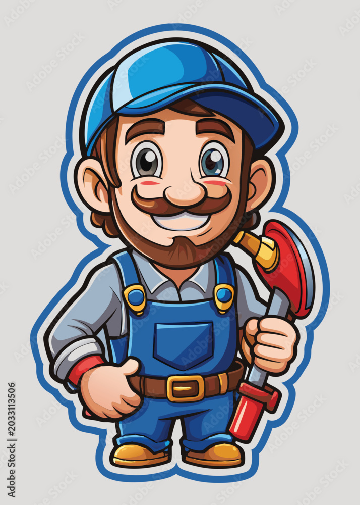 Fototapeta premium Plumber cartoon character in blue uniform